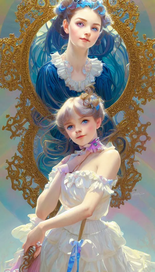 Image similar to portrait of magical lolita girl, dreamy and ethereal, blue eyes, peaceful expression, ornate frilly dress, fantasy, intricate, elegant, rainbow bubbles, highly detailed, digital painting, artstation, concept art, smooth, sharp focus, illustration, art by artgerm and greg rutkowski and alphonse mucha