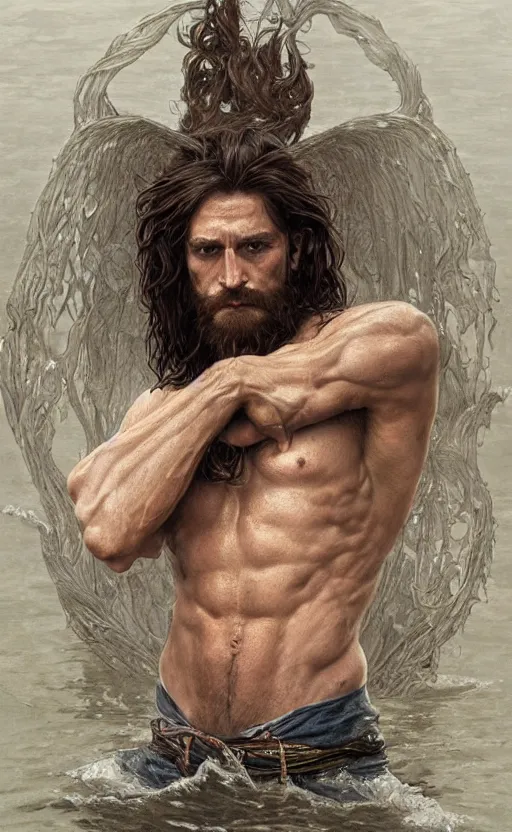 Image similar to portrait of the god of the lake, 30 years old, rugged, long hair, male, gorgeous, detailed face, amazing, thighs!!!!!!, muscular, intricate, highly detailed, digital painting, artstation, concept art, sharp focus, illustration, art by greg rutkowski and alphonse mucha
