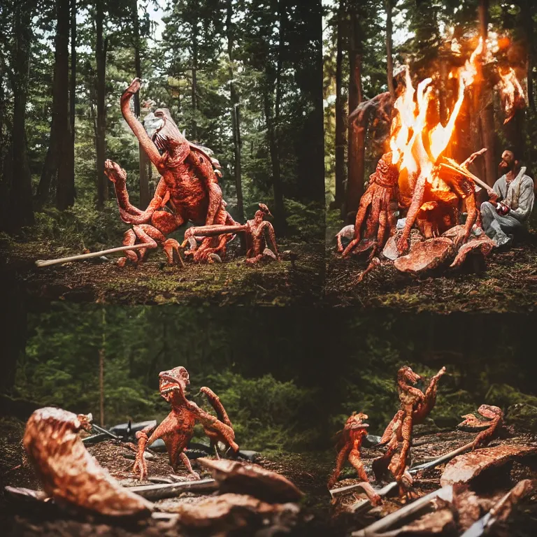 Image similar to 8 5 mm f 1. 8 lit edges, photo, hyper detailed, neanderthal people, first contact with aliens!, eating sushi, surrounded by dinosaurs!, gigantic forest trees, sitting on rocks, bonfire, zoom on alien face, michael jackson moon dance, ice! cream! truck!