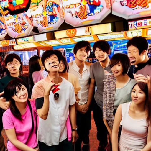 Image similar to a bunch of people at a japanese arcade
