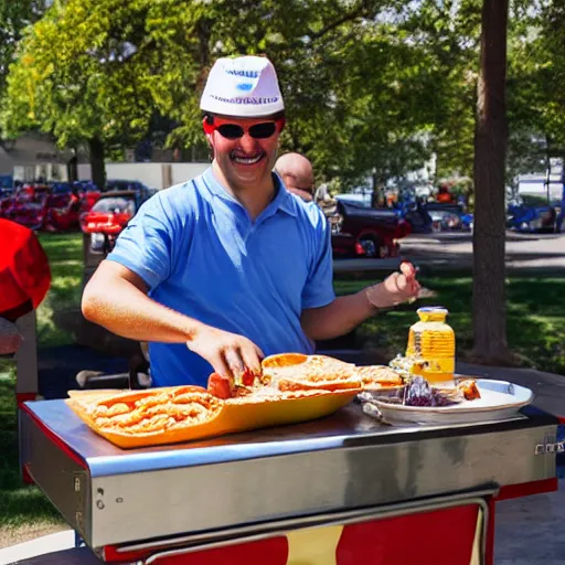 Prompt: llama serving hot dogs from a hot dog cart, photo, detailed, 4k