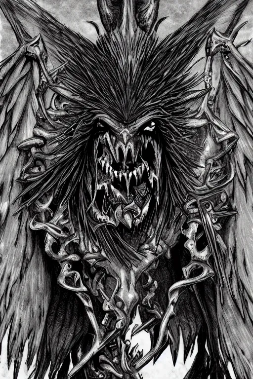 Image similar to raven fiend, fangs, highly detailed, digital art, sharp focus, trending on art station, kentaro miura manga art style