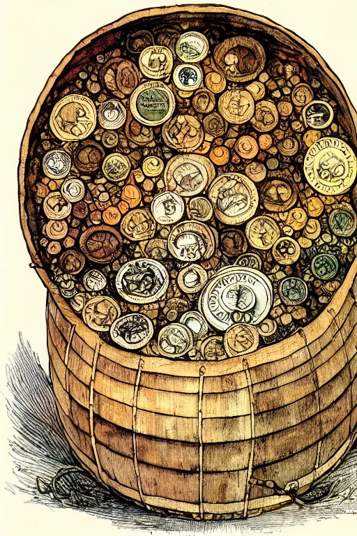 Prompt: a frothy wooden wine barrel in the center of a frame made of antlers and coins, art by walter crane and arthur rackham, illustration style, watercolor