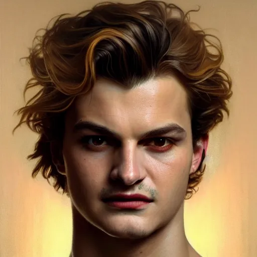 Prompt: portrait painting of actor joe keery as a vampire, ultra realistic, concept art, intricate details, eerie, highly detailed, photorealistic, octane render, 8 k, unreal engine. art by artgerm and greg rutkowski and charlie bowater and magali villeneuve and alphonse mucha