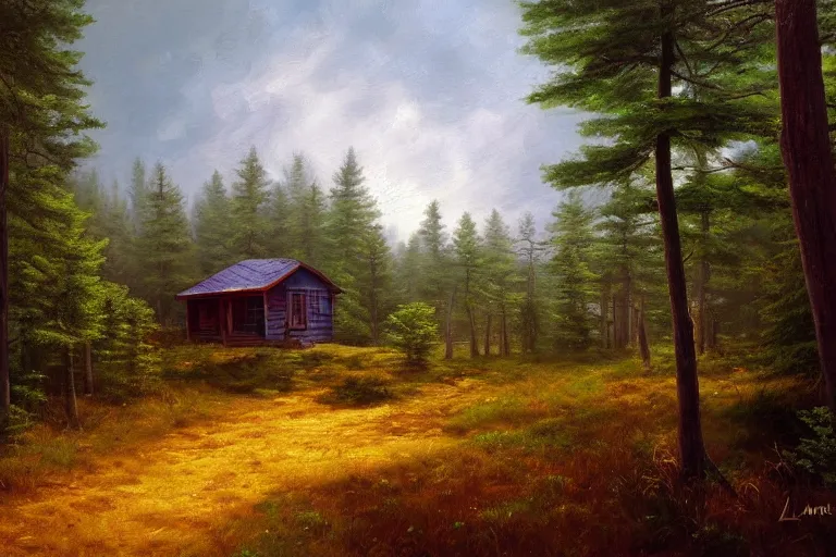 Image similar to small wooden cabin in the distance in pine forest, clouds, national geographic, beautiful nature, trees, very detailed, focused, oil painting, colorful, cinematic lighting, canvas, artstation, Albert Bierstadt, Sydney Mortimer Laurence