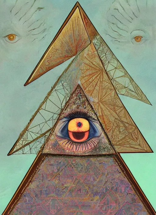 Image similar to illuminati pyramid with an eye floating on top of it, symmetric aesthetic figure, pastel colors, hyper detailed 8k realistic painting by Hilma At Klint, trending on artstation