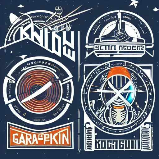 Prompt: Full page knolling of several different high-res sci-fi faction vector logo “Gagarin” stickers