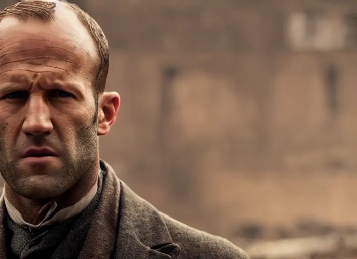 Prompt: film still of Jason Statham!!! as Thomas Shelby in Peaky Blinders, 4k