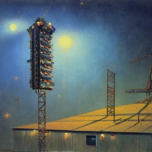 Image similar to detailed painting of a satellite station, exterior, floral ornaments, volumetrics lights, beam of bright lights through the clouds, beksinski, bougeureau