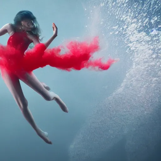 Prompt: woman dancing underwater wearing a flowing red dress made of seaweed, swirling smoke and thousands of silver fish in the background, octane render, caustics lighting from sunlight above, cinematic