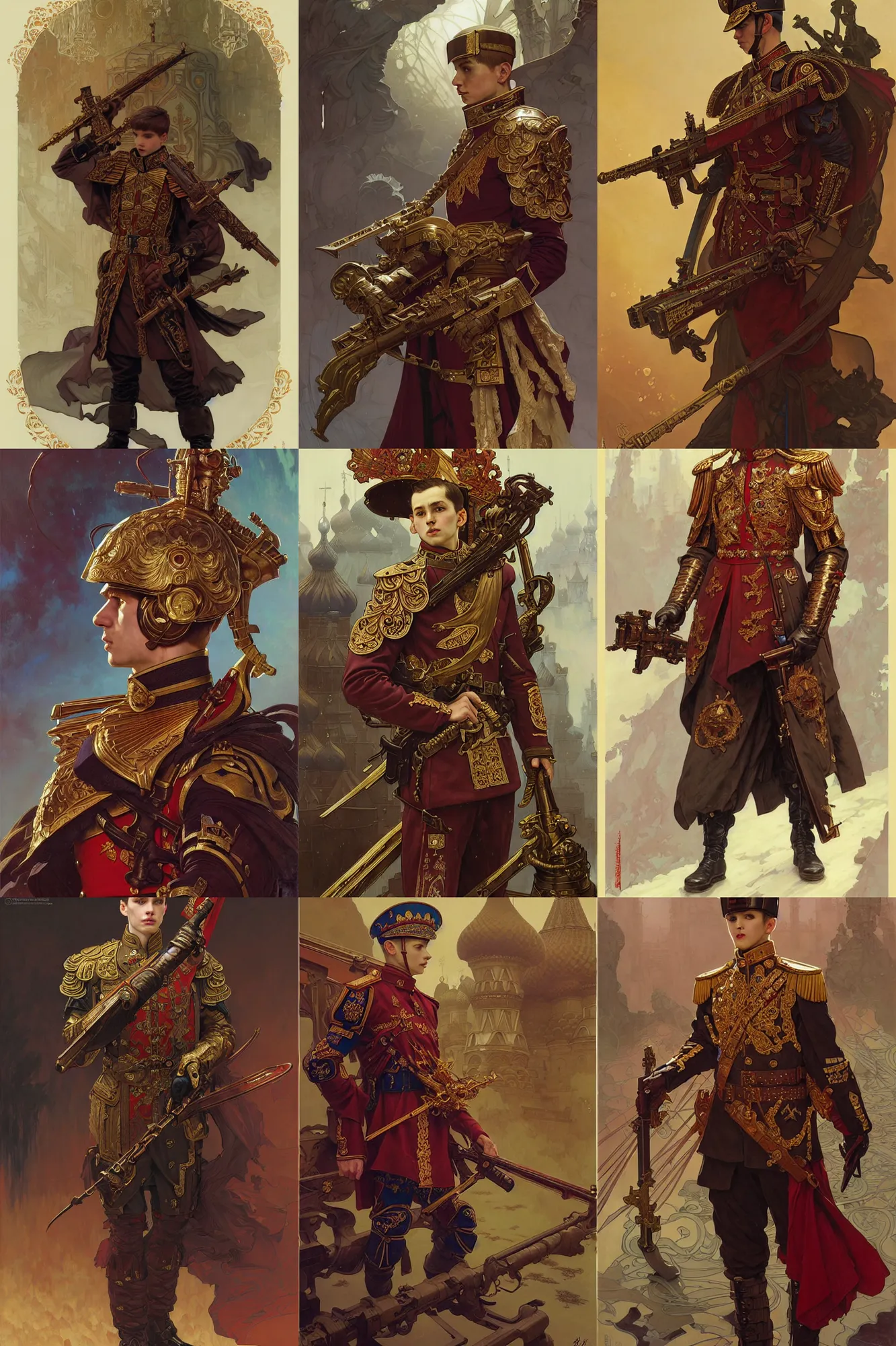 Prompt: young male imperial guard, russian clothes, fantasy, highly detailed, intricate, smooth, art by joseph leyendecker, peter mohrbacher, ruan jia, marc simonetti, ayami kojima, cedric peyravernay, alphonse mucha, victo ngai