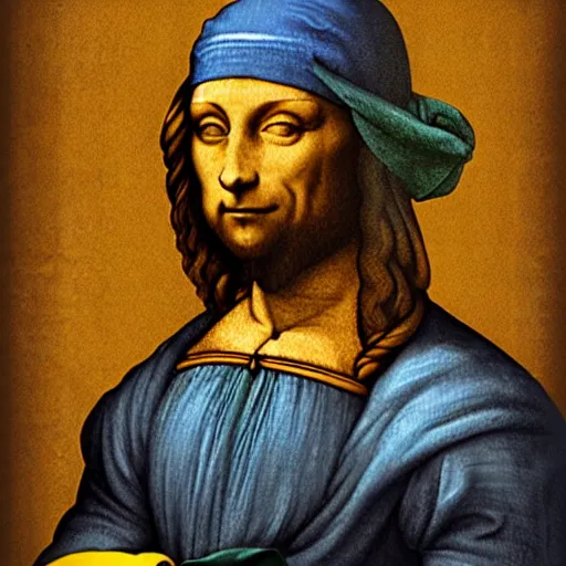 Image similar to blue and yellow illustration portraying leonard da vinci