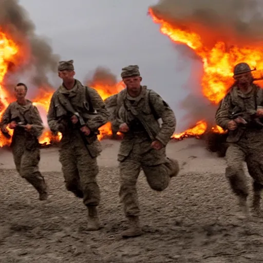Prompt: american soldiers running at the camera during normandy beach landing with fiery explosions and debris all around them in the style of the movie lone survivor and saving private ryan, gritty, 4 k, cinematic lighting,