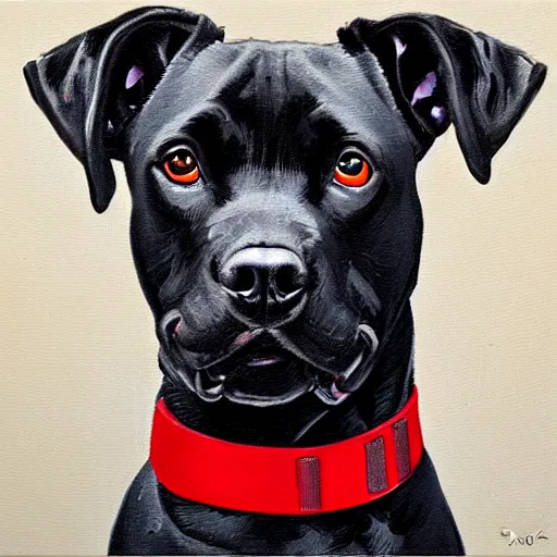 Prompt: painting of a black pitbull lab wearing thin red dog - collar, hyper detailed, thin brush strokes, oil painting