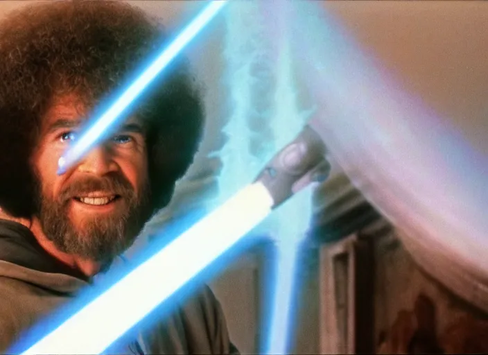 Image similar to screenshot of Bob Ross kneeling before the larger than life glowing blue spirit of qui gon jinn at a hazy lit ancient Jedi cathedral, screenshot from the 1970s star wars thriller directed by stanley kubrick, Photographed with Leica Summilux-M 24 mm lens, ISO 100, f/8, Portra 400, kodak film, anamorphic lenses