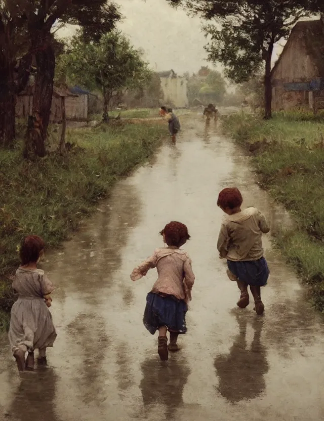 Image similar to two peasant children run through a puddle happily, on a village, Cinematic focus, Polaroid photo, vintage, neutral colors, soft lights, foggy, by Steve Hanks, by Serov Valentin, by lisa yuskavage, by Andrei Tarkovsky 8k render, detailed, oil on canvas