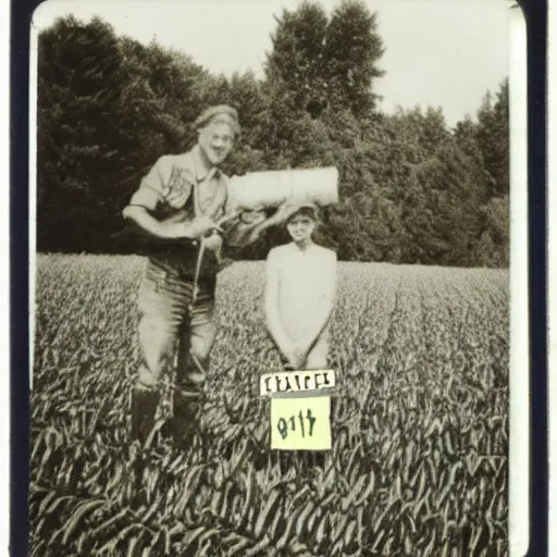 Image similar to a alien standing next to a farmer on a farm next to a corn field polaroid picture