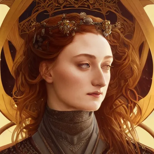 Prompt: portrait of sansa stark queen, intricate, elegant, highly detailed, digital painting, artstation, concept art, smooth, sharp focus, illustration, art by artgerm and greg rutkowski and alphonse mucha and william - adolphe bouguereau