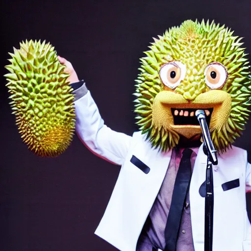 Image similar to anthropomorphic durian on stage, singing