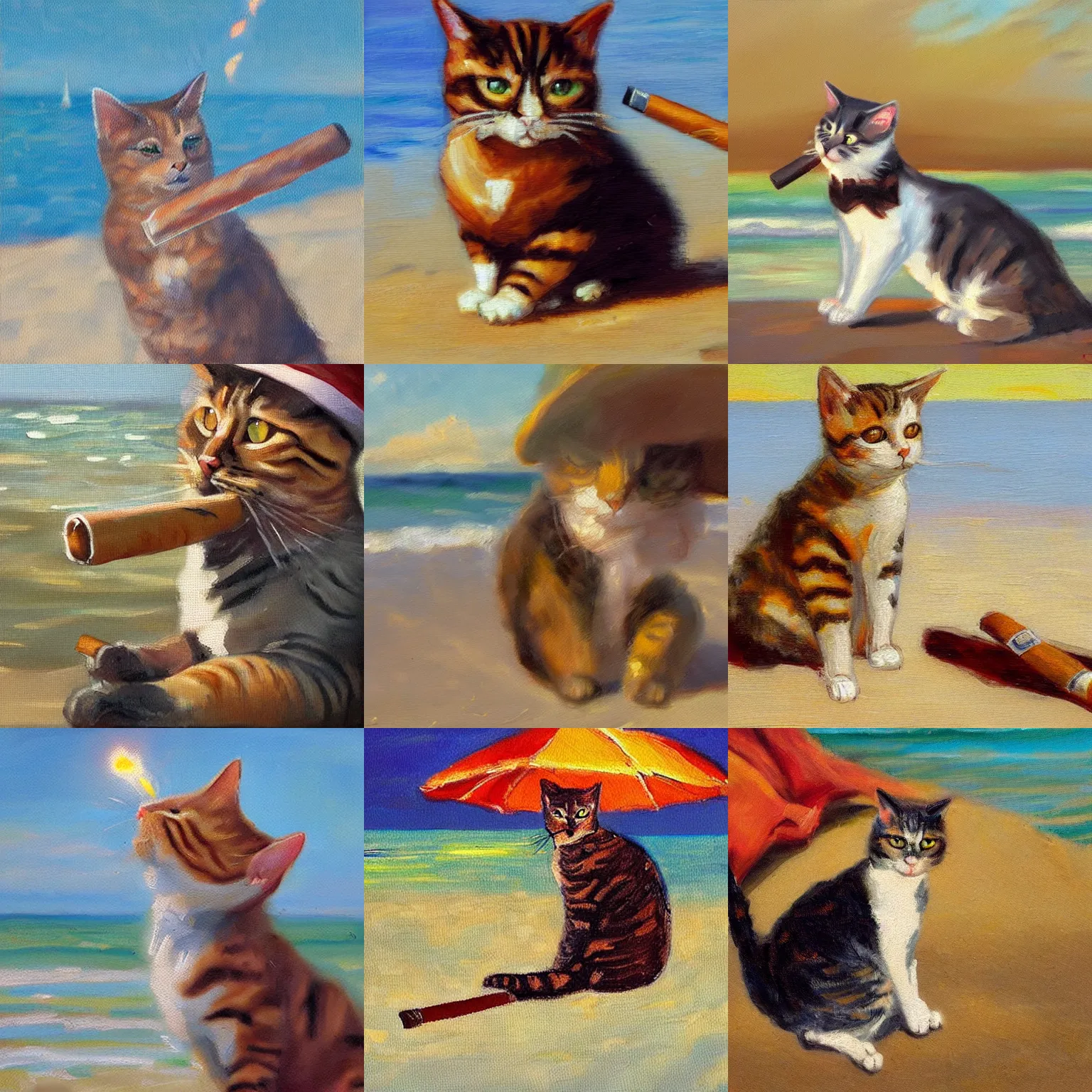 Prompt: An impressionist oil painting of a cat lighting a cigar on a beach