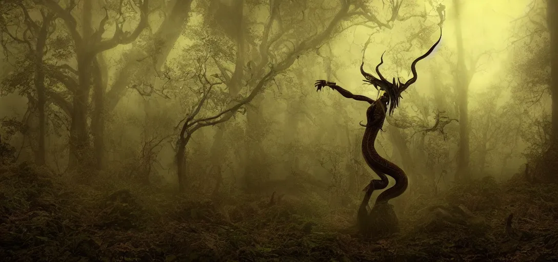 Prompt: a realistic photograph of a 6 armed serpent goddess + dark fantasy + nightime + ancient forest + dramatic lighting + fog