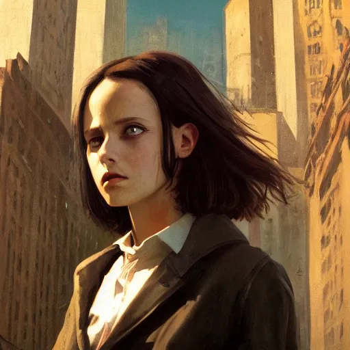 Prompt: closeup portrait of matilda from the movie leon the professional, city background, dramatic light, gorgeous view, depth, high detail, digital art, painted by greg rutkowski and seb mckinnon, by tim burton, trending on artstation