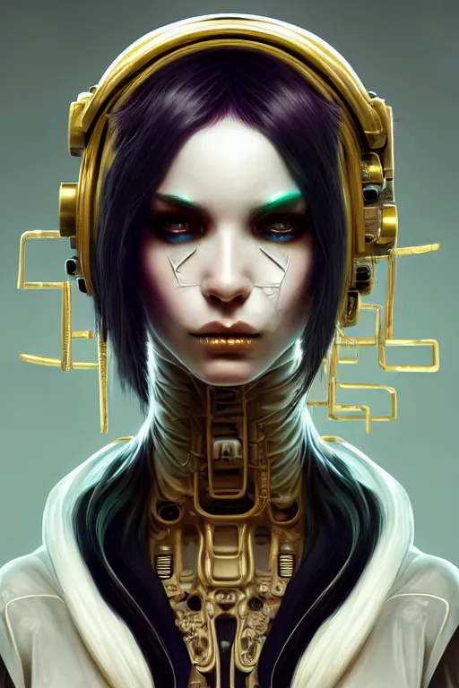 Image similar to soft lustrous ivory ebony raver gutter punk gothic cyborg, golden ratio, flowerpunk, details, scifi, fantasy, cyberpunk, intricate, decadent, highly detailed, digital painting, octane render, artstation, concept art, smooth, sharp focus, illustration, art by artgerm, loish, wlop