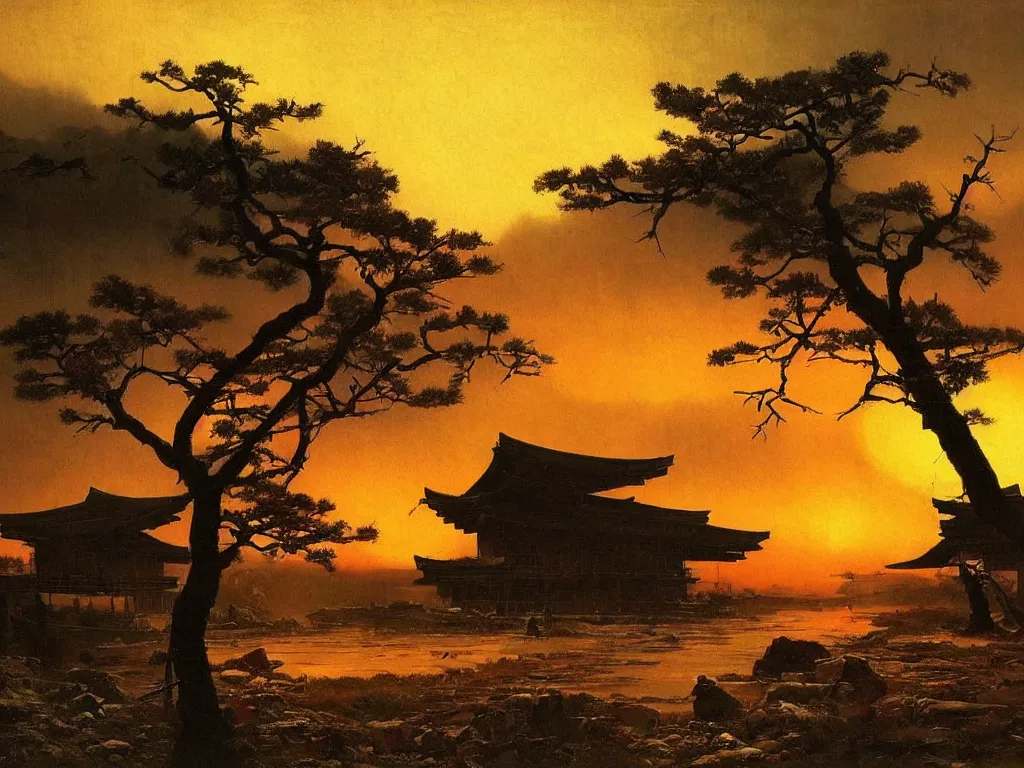 Image similar to a post apocalyptic japanese landscape after a nuclear war, beautiful radioactive sunset lighting, beautiful painting, japanese village, painted by albert bierstadt