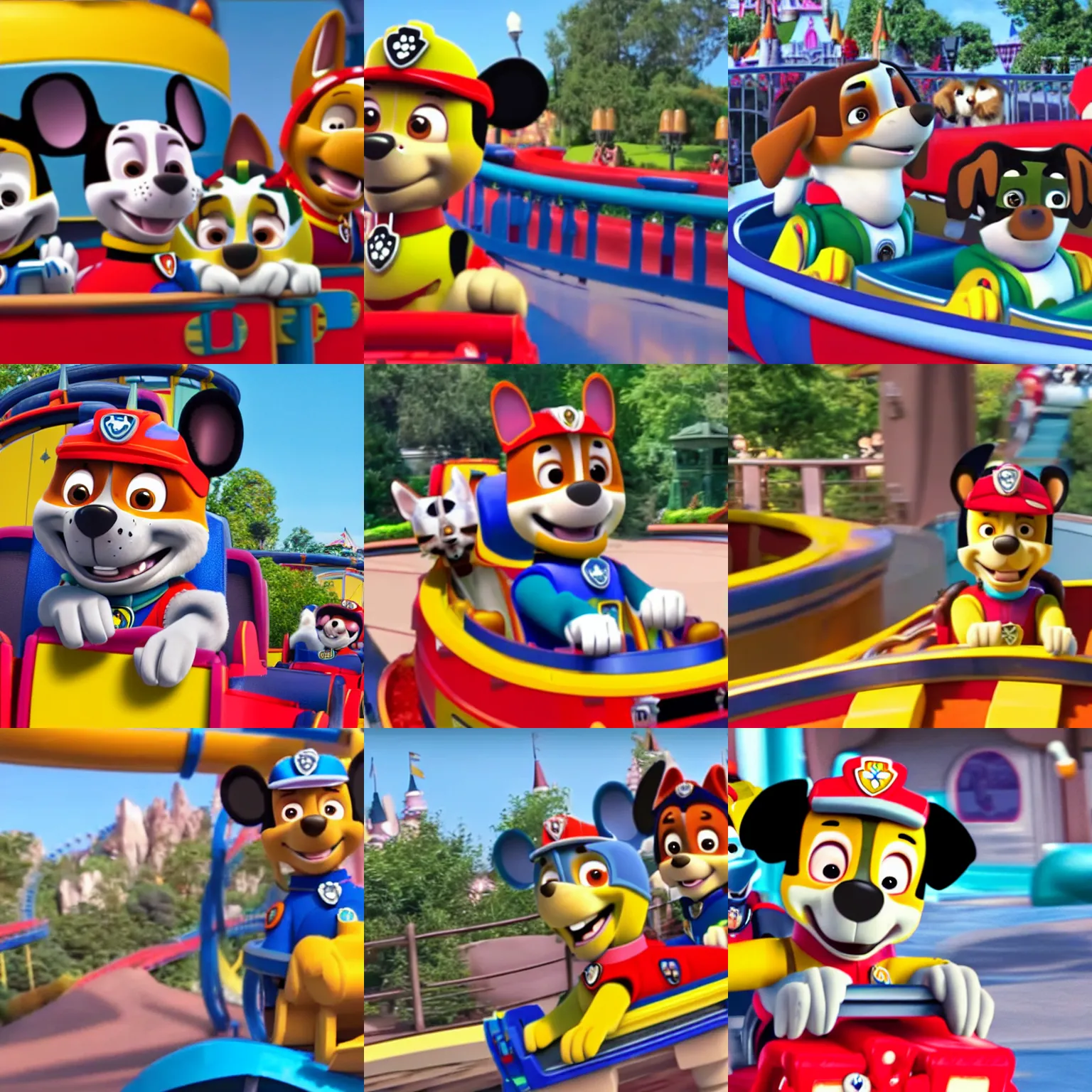 Prompt: a dog enjoying a rollercoaster ride at disneyland from the paw patrol movie