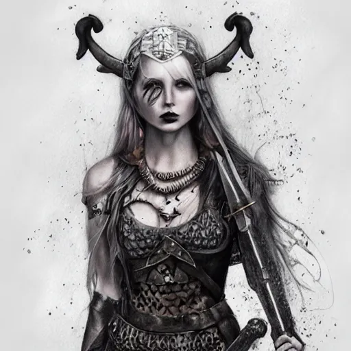 Prompt: hyper realistic pencil drawing of a goth viking princess, water color, full portrait, detailed, rim light, diffused, intricate, axe, battle, cyberpunk by anna dittmann