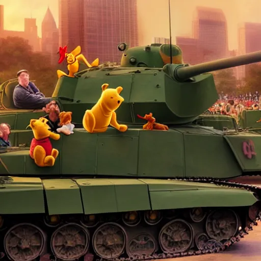 Image similar to winnie the pooh protesters sit down in front of tank at tiananman square, cute and cuddly, highly detailed, photorealistic, octane render, 8 k, unreal engine. art by artgerm and greg rutkowski and alphonse mucha