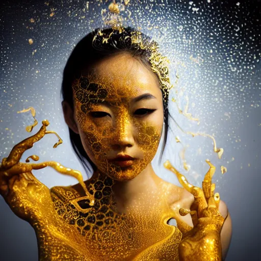 Image similar to asian girl, liquid golden and black fluid, magic hour, dramatic light, liquid voronoi pattern, golden bodypaint, world best photography