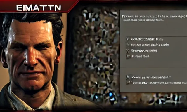 Image similar to ingame dialog!!!! talking!!!!!!!!! to dennis!!!!! bateman!!!!! in fallout 5, hd 4 k max settings raytracing ( ( ( firstperson ) ) )