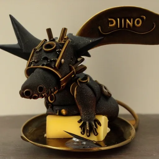 Prompt: dino mouse, guarding golden cheese, steampunk