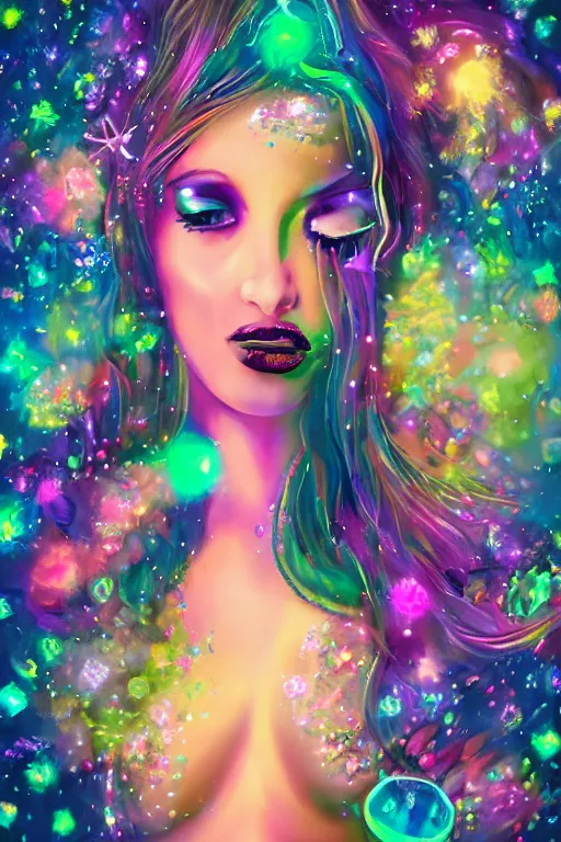 Image similar to psychedelic, digital painting, 4k, illustration, beautiful seductive woman with fox ears smoking weed, with professional makeup, long trippy hair, a crystal and flower dress, sitting on bed of crystals, surrounded by gems, underneath the stars, rainbow fireflies, trending on patreon, deviantart, twitter, artstation, volumetric lighting, heavy contrast, art style of Greg Rutkowski and artgerm and alphonse mucha