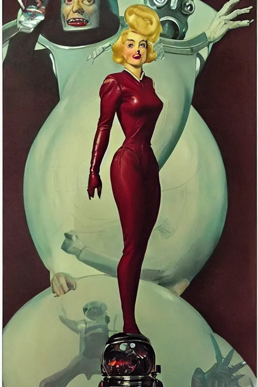 Prompt: 5 0 s pulp scifi fantasy illustration full body portrait elegant woman wearing latex spacesuit standing beside monster, by norman rockwell, edd cartier, roberto ferri, jack kirby, earle bergey, ruan jia, jason fabok, tom lovell, frank r paul, dean cornwell, astounding stories, amazing, fantasy, other worlds