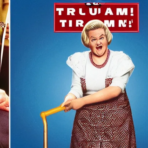 Image similar to donald trump as mrs doubtfire. poster for hollywood blockbuster