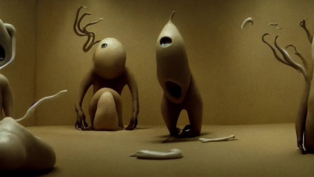 Image similar to the strange creature, made of milk and cheese, they look at me, film still from the movie directed by denis villeneuve and david cronenberg with art direction by salvador dali and zdzisław beksinski