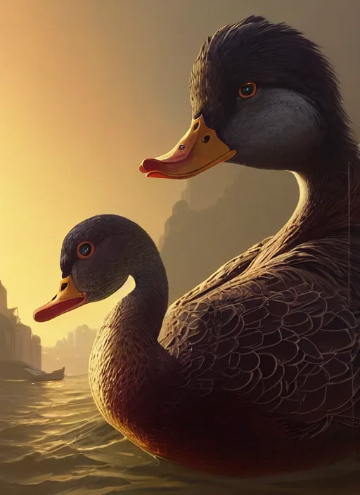 Image similar to highly detailed portrait of a heroic duck in gta v, stephen bliss, unreal engine, fantasy art by greg rutkowski, loish, rhads, ferdinand knab, makoto shinkai and lois van baarle, artgerm, pixar, ilya kuvshinov, rossdraws, tom bagshaw, global illumination, radiant light, detailed and intricate environment