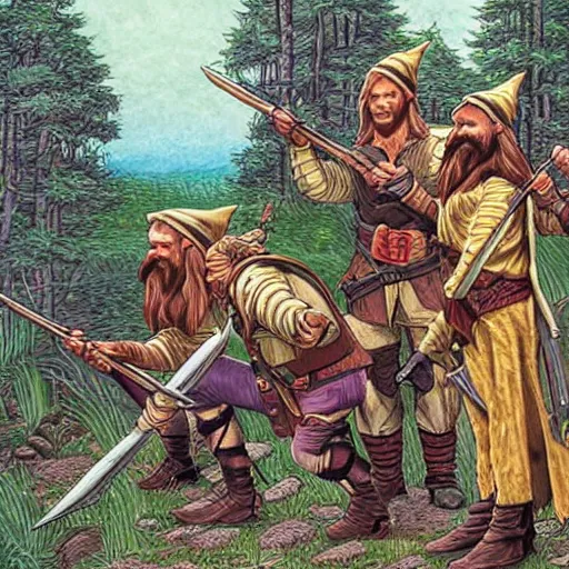 Prompt: Elves accidentally sniping dwarves and apologizing, fantasy, highly detailed, by larry elmore