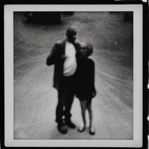 Prompt: a black and white polaroid photo of an alien meeting a human