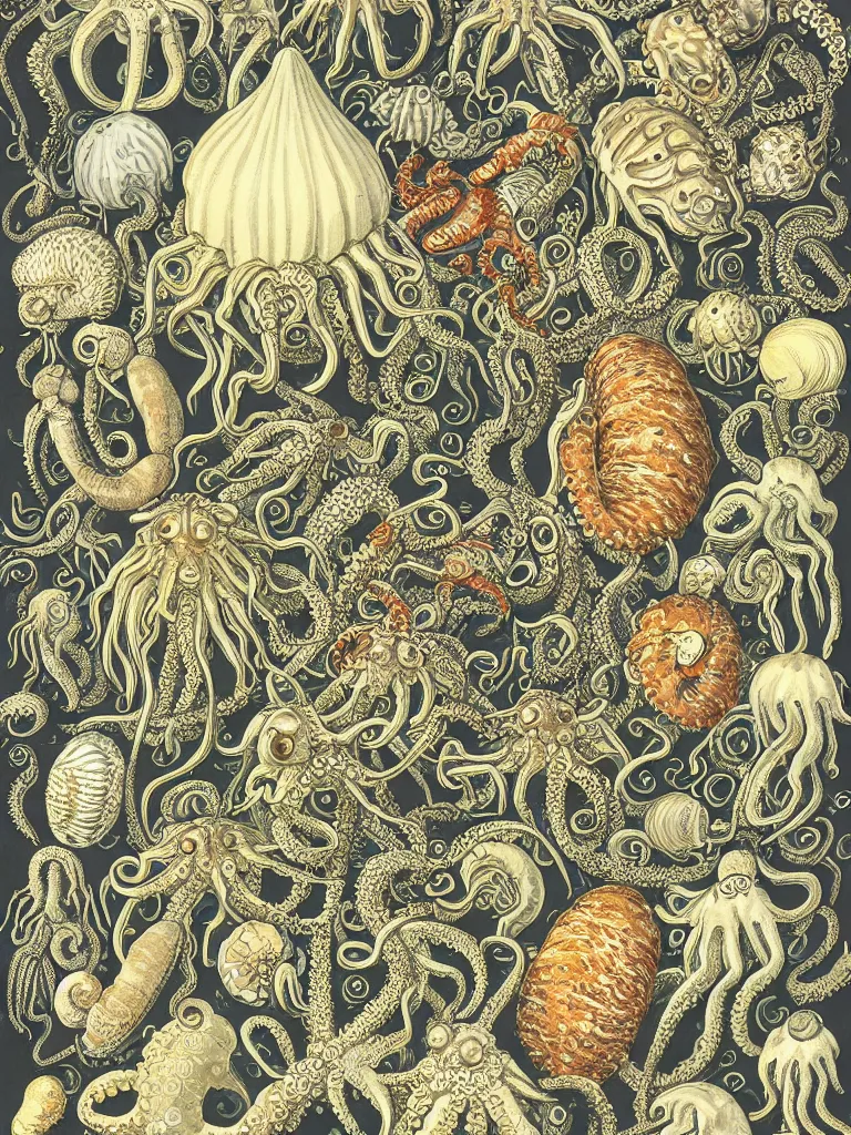 Image similar to a high detail book illustration of octopus, sea shells, jelly fish, crabs, lobster, crustaceans, tentacles, cthulu, snails, cute robot, gremlin, baby bear, sloth, kitten symmetrical characteristics, by ernst haeckel