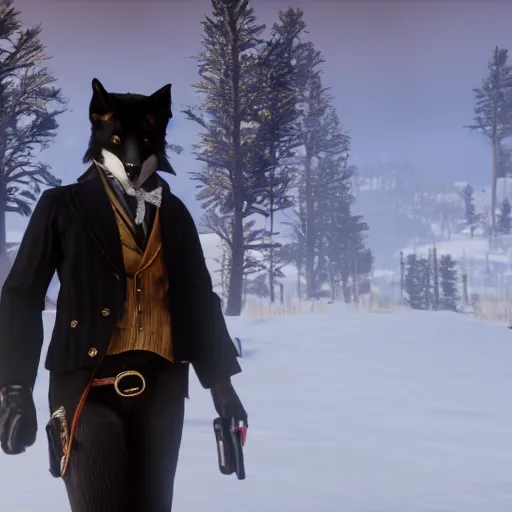 Image similar to anthropomorphic black fox, dressed as a rich man, in game screenshot of red dead redemption 2