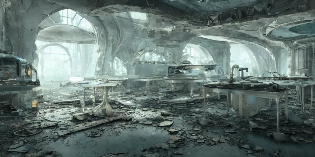 Prompt: a abandoned and ruined futuristic lab, destroyed technology, hyperrealistic, concept art, octane render, unreal engine 5, path tracing, advanced technology, soft lighting, ruined, alien, high quality, highly detailed, 8K, complementary colors