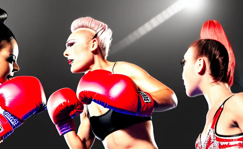 Image similar to girl boxing with drag queen, no blur, 4 k resolution, ultra detailed