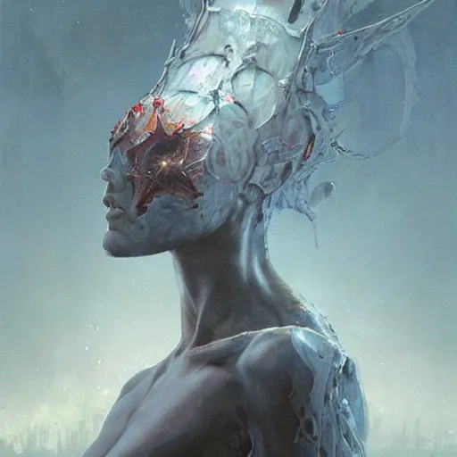 Image similar to an acrylic on canvas painting of a beautiful alien priestess by Greg Rutkowski, Artgerm and Beksinski. Epic fantasy art.