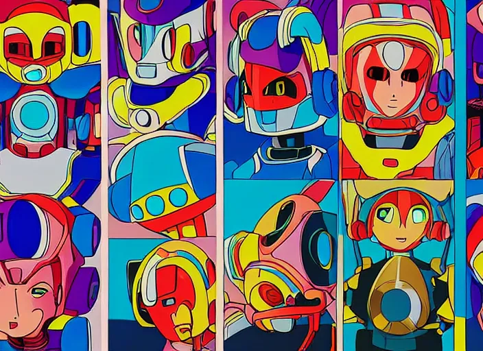 Image similar to 3 rows of 3 framed closeup colorful anime face portraits of cute evil robots from mega man, inspired by osamu tezuka, with a futuristic robotic background.