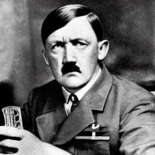 Prompt: Adolf Hitler as a prisoner, drinking a beer