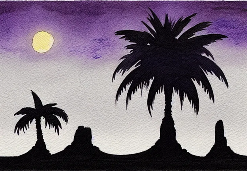 Image similar to a simple watercolor fantasy concept art of a dark grey boxy ufo next to a palm tree at night in monument valley. by studio ghibli, rebecca guay, michael kaluta, charles vess