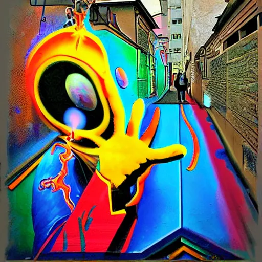Prompt: A street art. A rip in spacetime. Did this device in his hand open a portal to another dimension or reality?! dark black by Peter Max gloomy, CGI